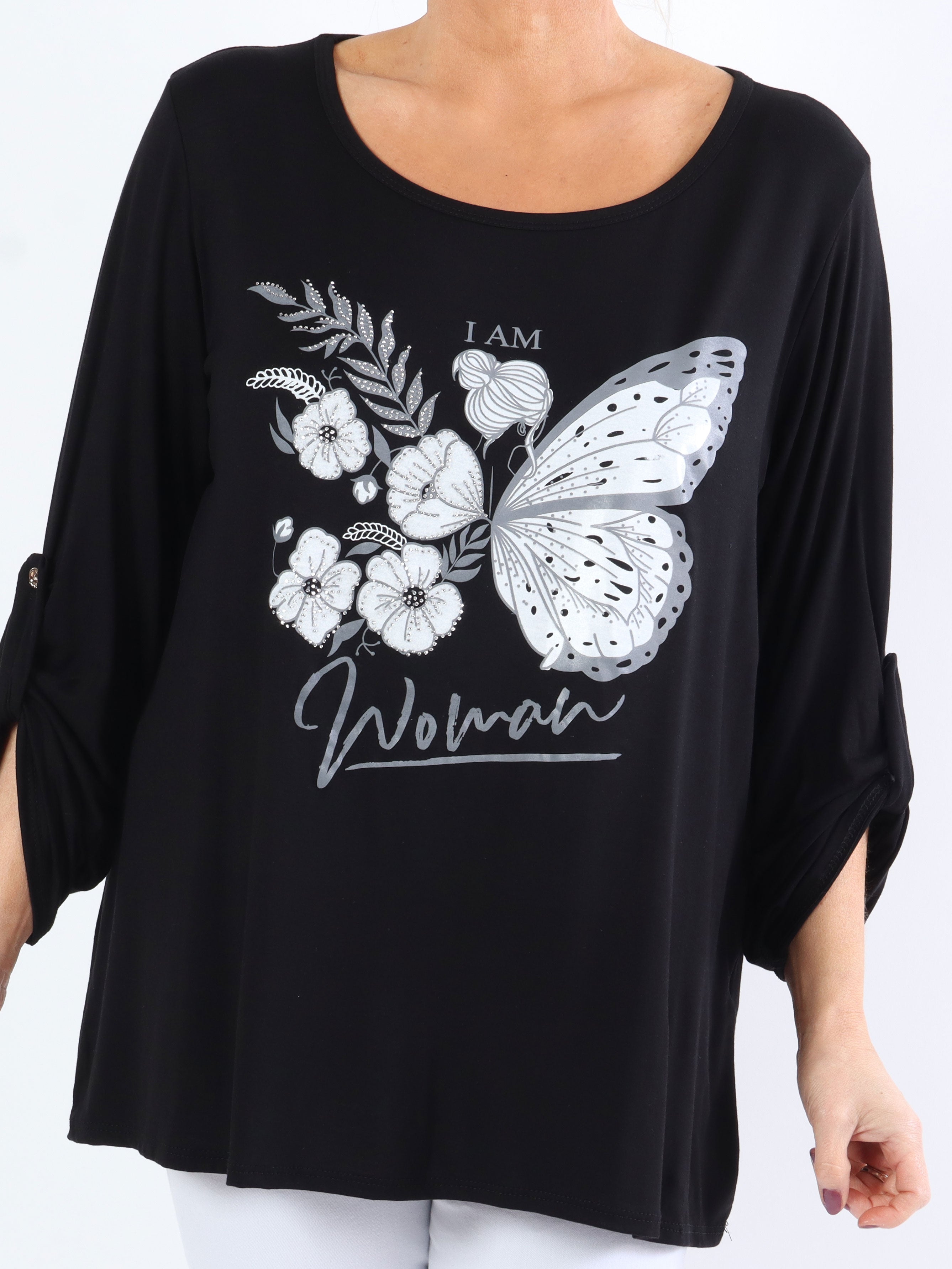 Sisse - Mjuk elastisk plus size blus med motiv och imiterad kant